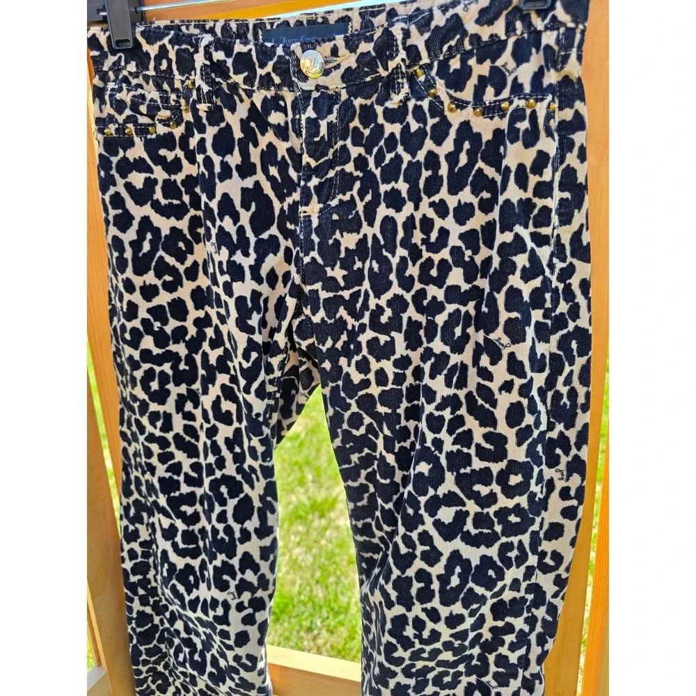 Kid's sz 14 Juicy Couture Leopard Print Corduroy Skinny Pants Black Gold Studded